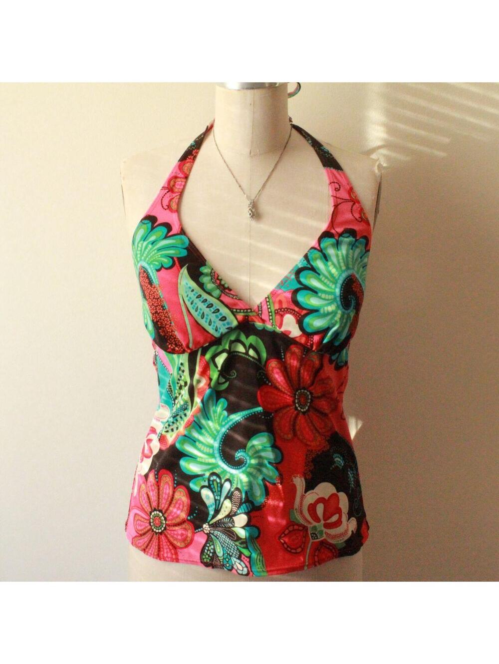 Croft & Barrow Pink Floral Halter Tankini Top, Size 14, Vibrant Multi-Color Swim